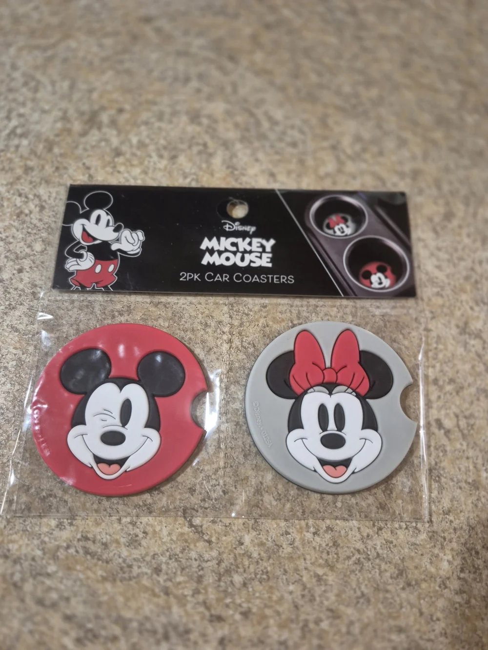 Disney Mickey & Minnie Mouse 2-Pack Car Coasters - Red & Gray New In PLASTIC